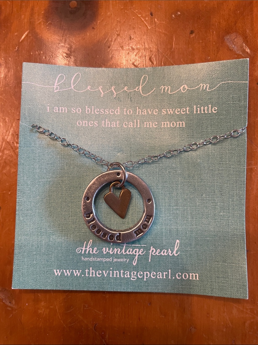The Vintage Pearl 'Blessed Mom' Silver Circle & Heart Necklace